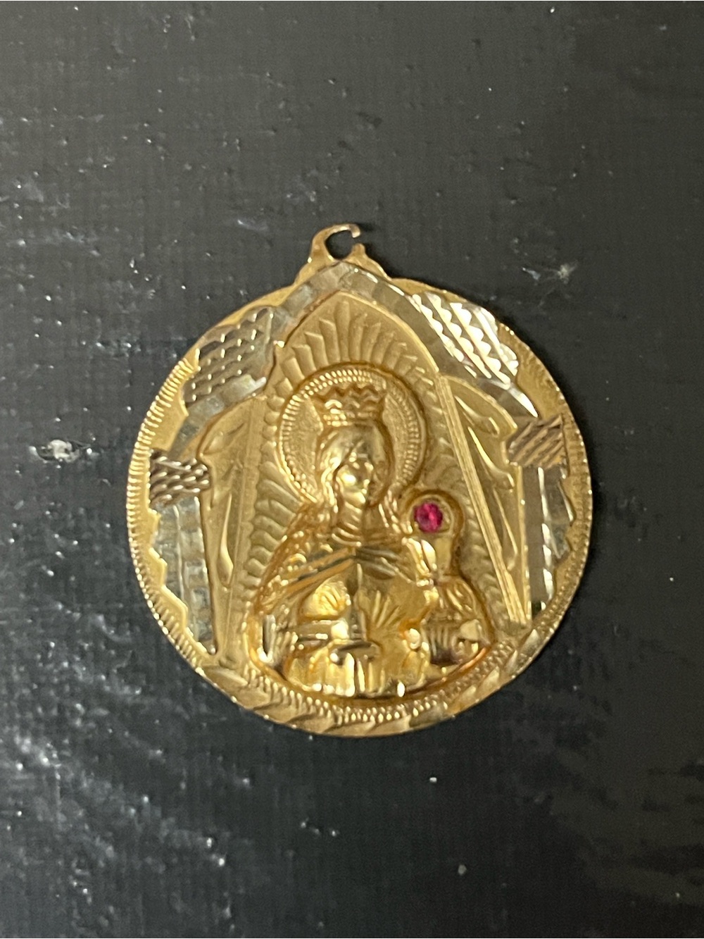 Gold-Tone Religious Medallion Pendant with Ruby Stone